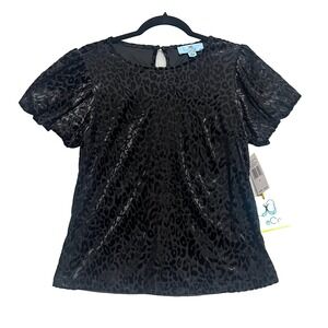 Cece Velvet Burnout Bubble Sleeve Top Womens SMALL Black Animal Print Blouse NEW